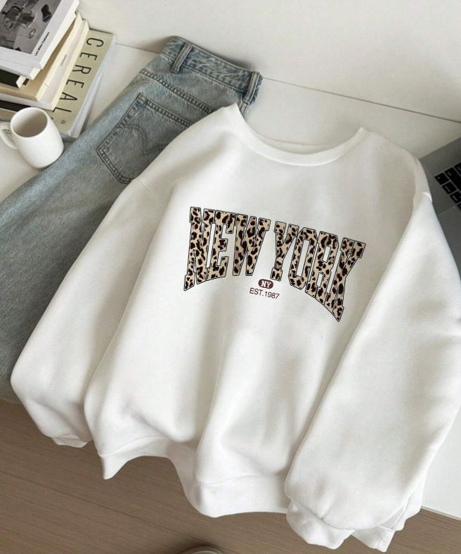 SHEIN Attitoon Casual Minimalist Leopard Print New York Slogan Long Sleeve Loose