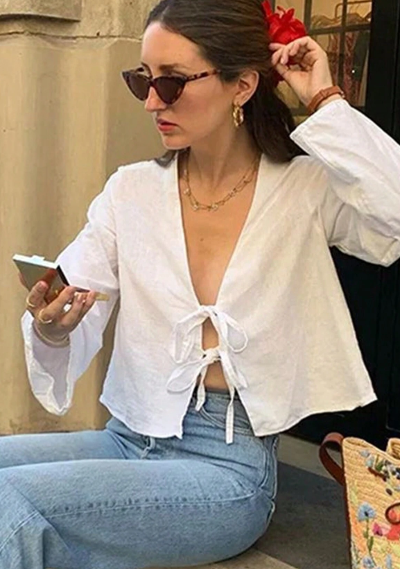 SHEIN Unity Solid Tie Front Drop Shoulder Blouse Holiday Solid Color Woven