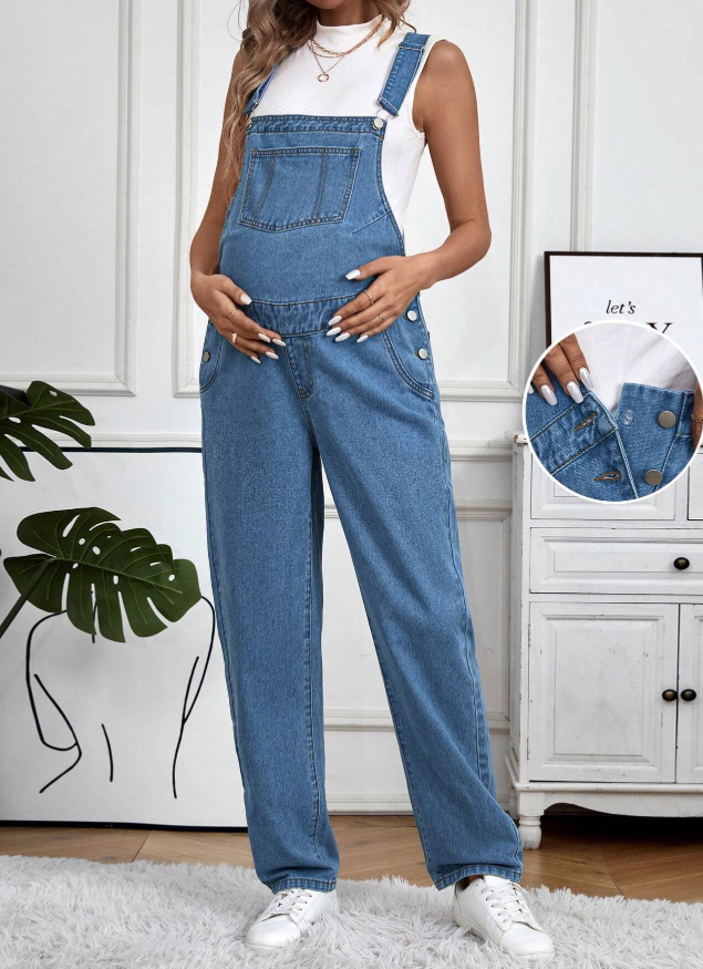 SHEIN Maternity Button Side Solid Color Denim Overalls Jumpsuit
