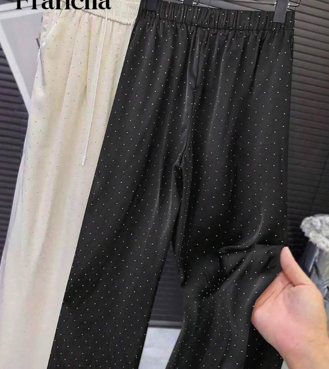 Franclia Women's High Waist Rhinestone Embellished Satin Elastic Waist Drawstring Wide Leg Straight Leg Pants Ramadan Outfits