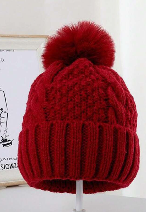 Warm knitted hat for women with a large fur pom-pom, solid color, versatile, thick lining, suitable for outdoor cycling, stylish and unique, retro casual chic, polyester, perfect for autumn, winter, and Halloween.